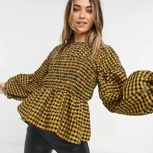 Asos Design Black Gold Gingham Seersucker Puff Sleeve Ruched Academia Prep Twee